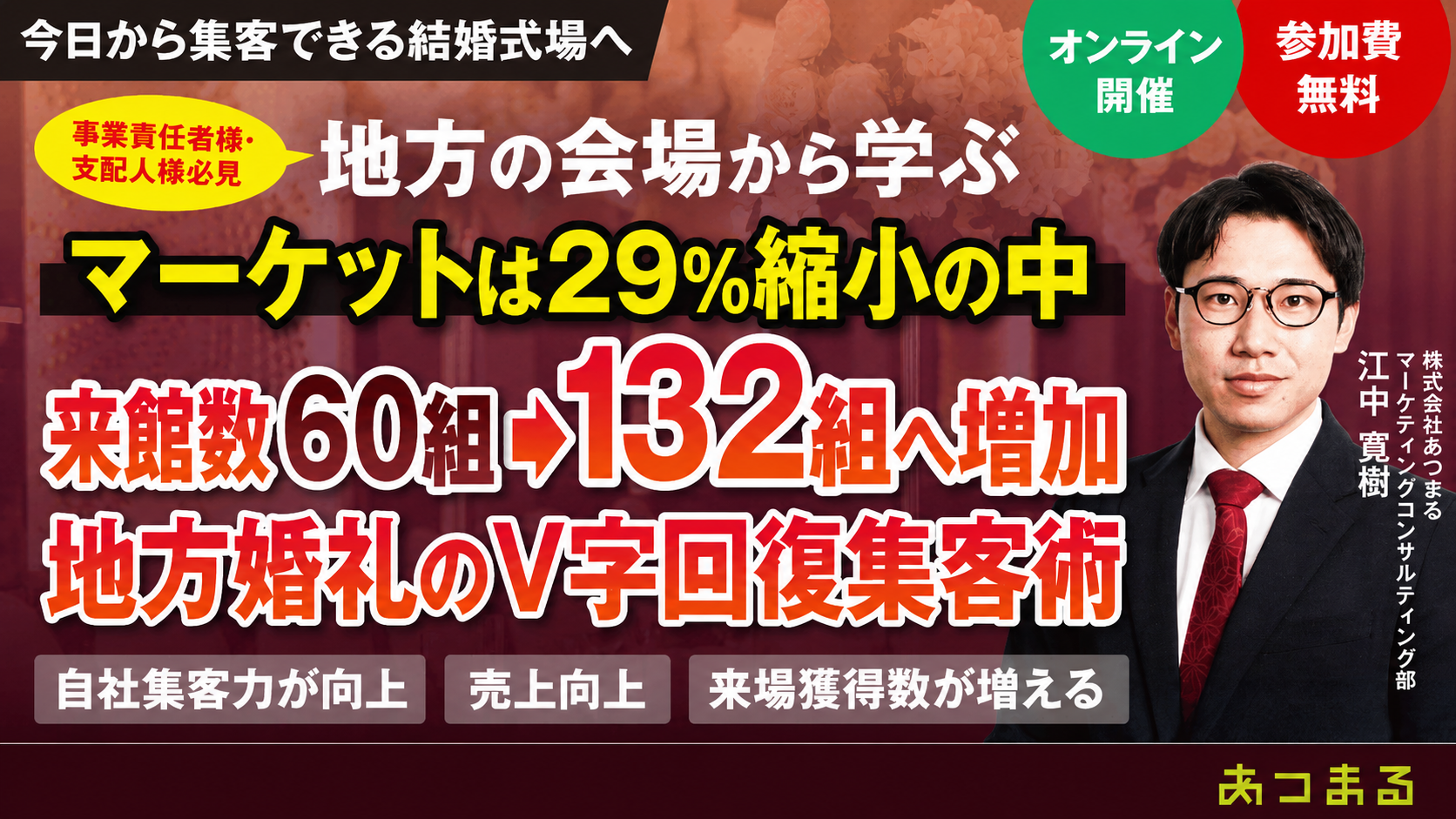【事業責任者様・支配人様必見】地方会場から学ぶ！マーケット29%縮小の中、来館数60組→132組へ増加！地方婚礼のV字回復集客術
